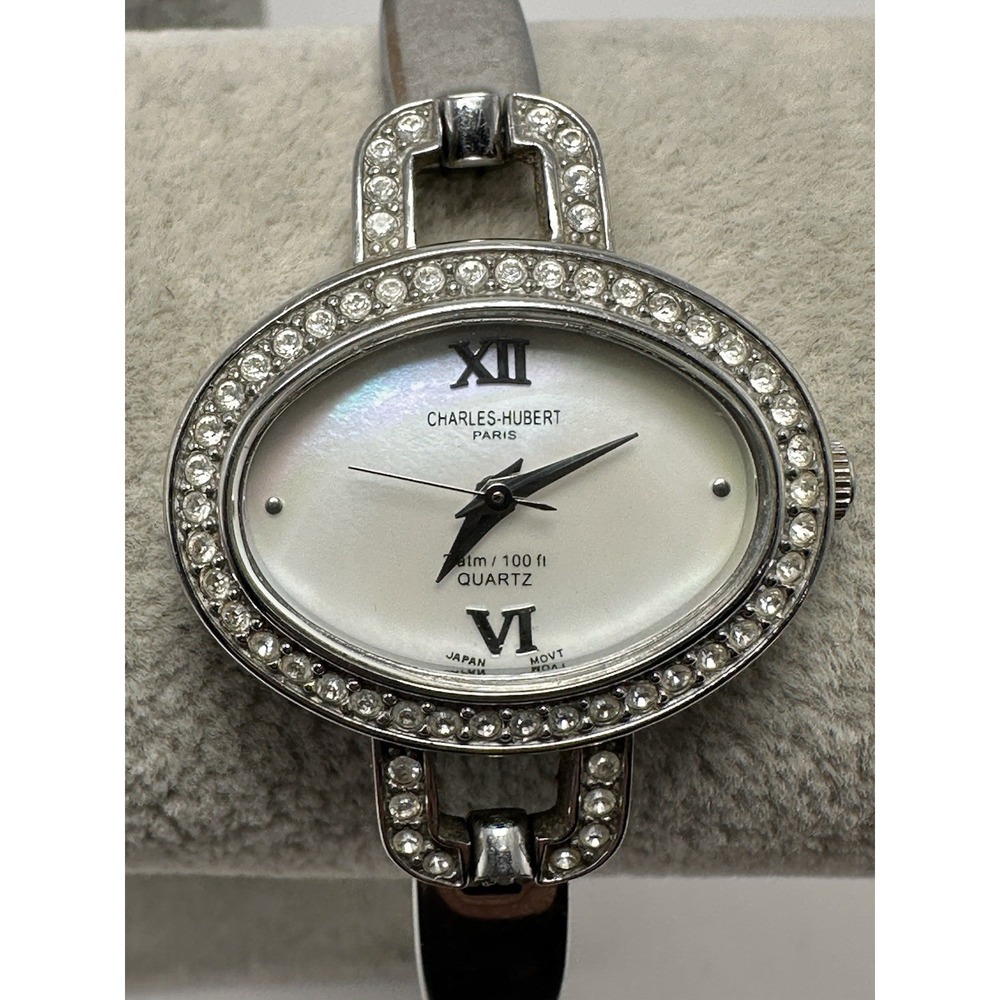Charles-Hubert 6610 Ladies MOP Watch New Battery 28MM 6.5" Rare Silver Tone N31